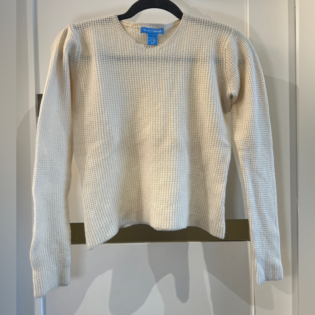 White + Warren 100% Cashmere Shrunken Waffle Weave Sweater Ivory Xs